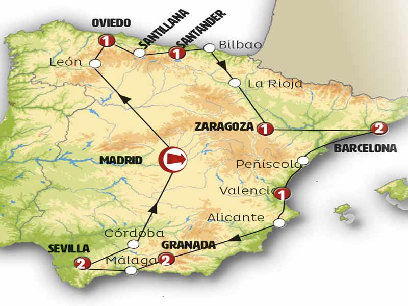 Mapa Itinerario España de Norte a Sur con Madrid
