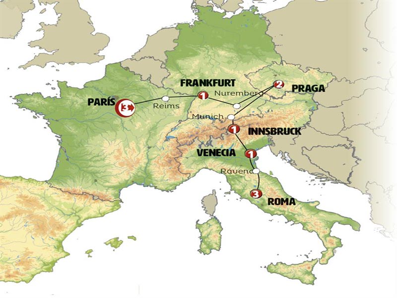 Mapa de Paris a Praga 